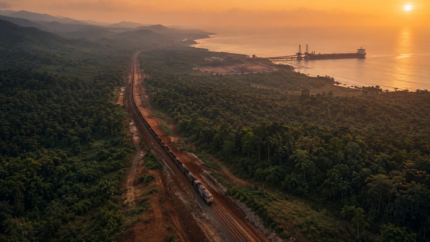 Aerial view of a new railway cutting through Guinea's tropical forest toward a deep-water port at golden hour, with a single Capesize bulker loading at the dock in the distance — the start of the Simandou cargoes