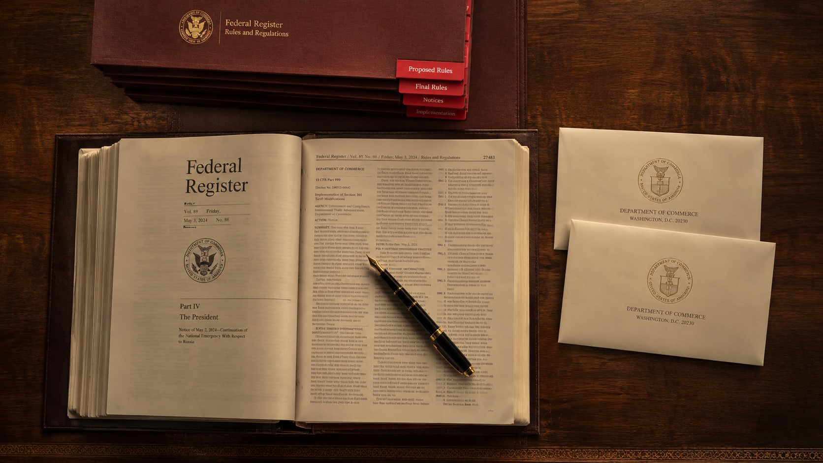 An overhead view of an oak government table with an open Federal Register dossier, red-tabbed binders, embossed Department of Commerce envelopes, and a fountain pen — visualizing the regulatory architecture underneath the suspended Section 301 fees