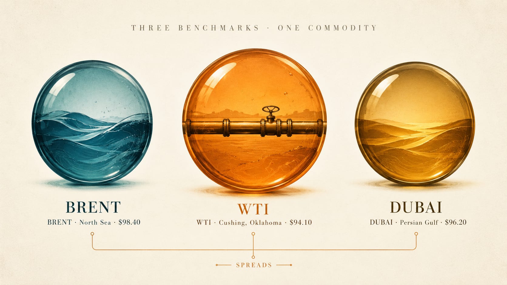 Three glass spheres representing Brent (cyan-teal), WTI (amber-orange), and Dubai (gold-bronze) — visualizing the three benchmark crude oils that price the global market