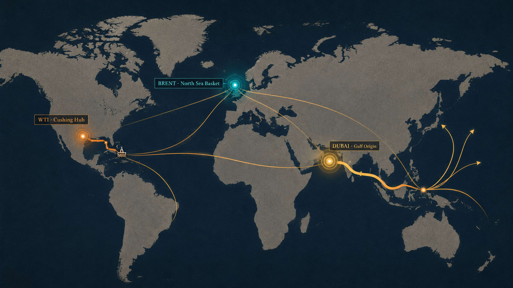 Editorial world map showing three benchmark regions — Brent in the North Sea (cyan), WTI at Cushing Oklahoma (amber), Dubai in the Persian Gulf (gold) — with flow lines depicting how crude moves from each region to global refiners
