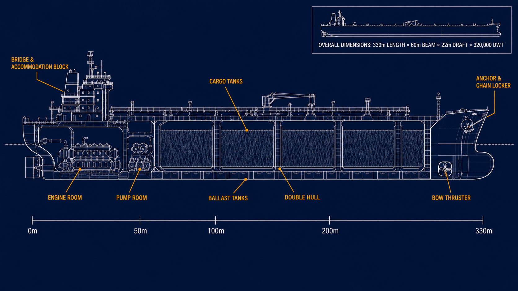 Technical blueprint cross-section of a VLCC oil tanker showing internal structure — engine room, bridge, pump room, cargo tanks, double hull, ballast tanks, bow thruster, anchor and chain locker — with overall dimensions of 330m length, 60m beam, 22m draft, 320,000 DWT