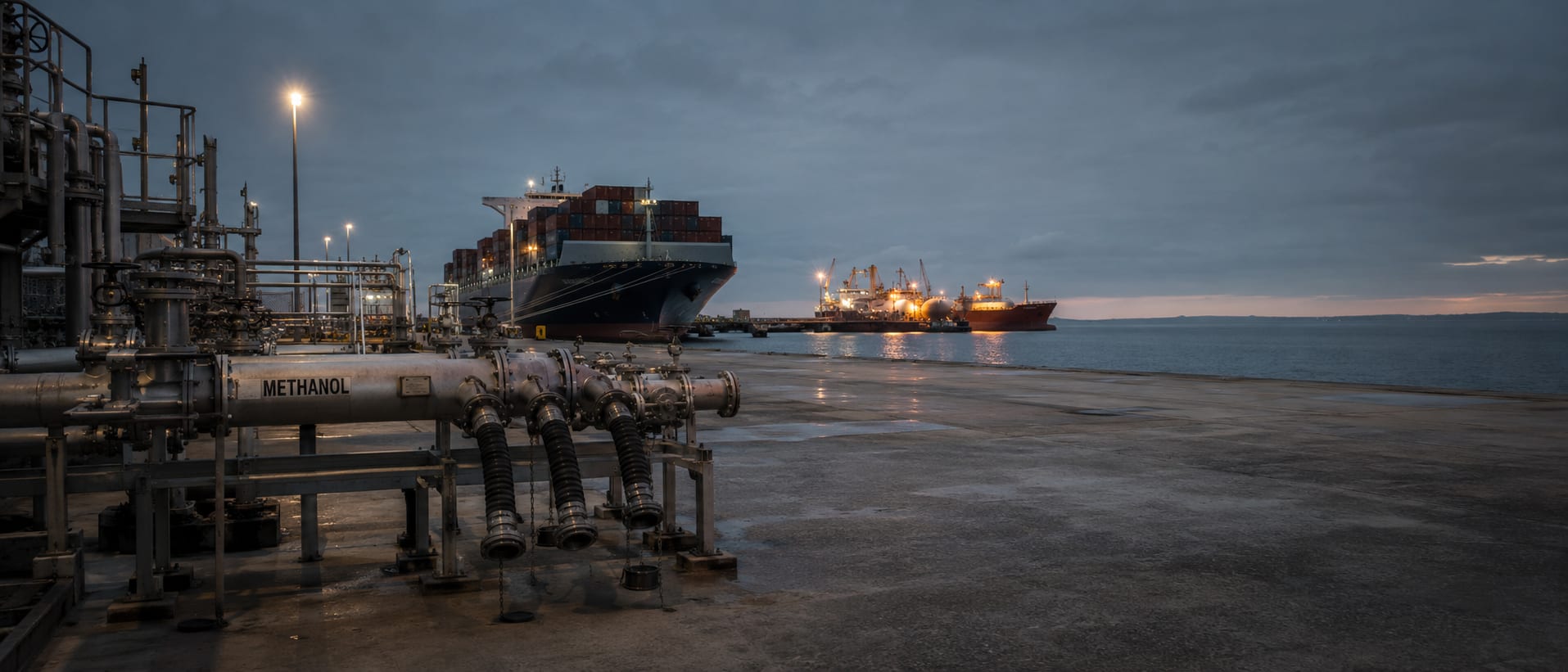 Industrial photograph at dusk of a methanol bunkering pier with idle disconnected hoses in the foreground, while an LNG bunkering operation continues actively in the background, illustrating the gap between alternative fuel narrative and operational reality
