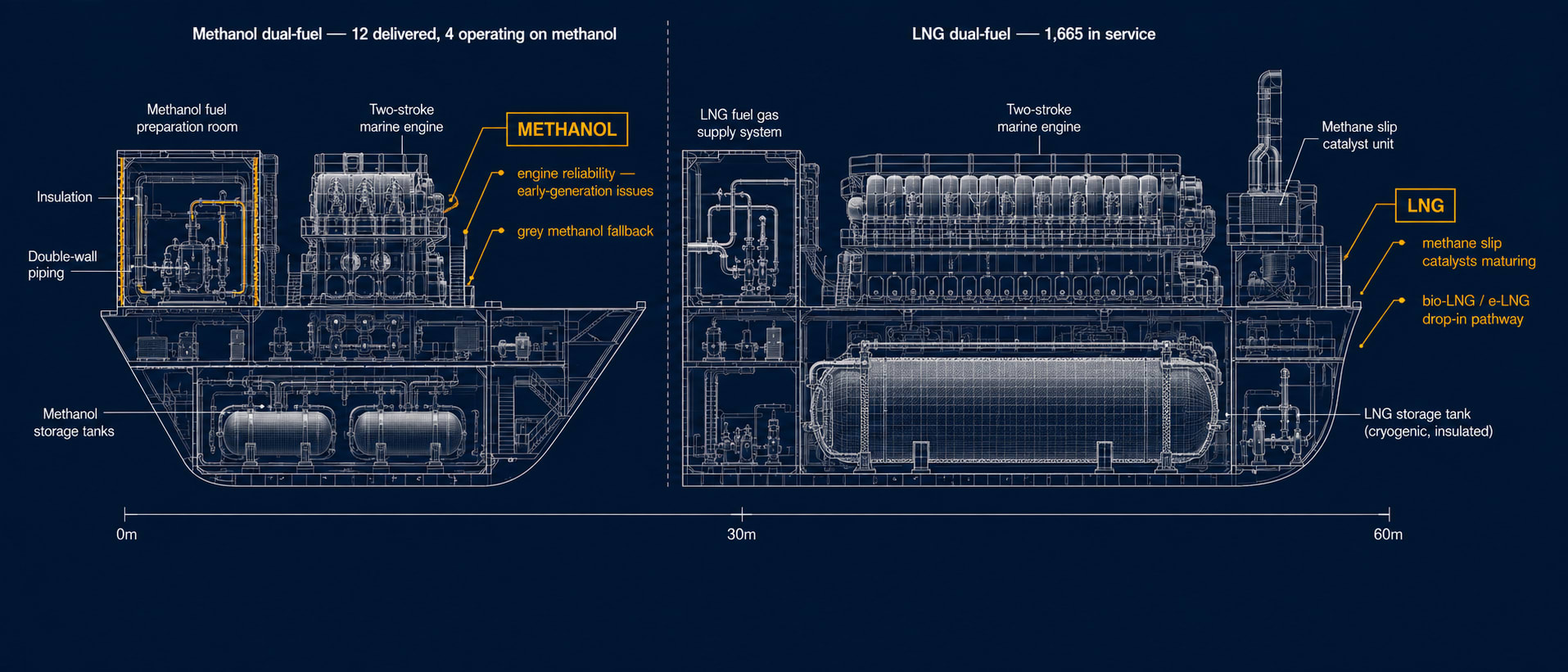 Technical blueprint cross-section comparing a methanol dual-fuel engine room (left, with 12 delivered vessels and 4 operating on methanol) against an LNG dual-fuel engine room (right, with 1,665 vessels in service), showing the relative scale of fuel preparation rooms, storage tanks, and supporting systems