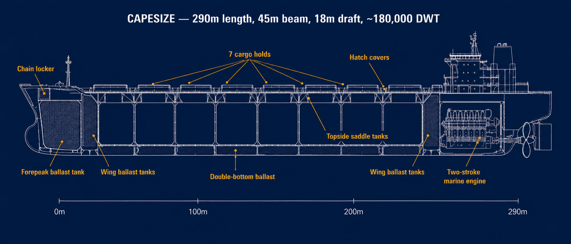 Technical blueprint cross-section of a Capesize bulk carrier showing internal structure — forepeak ballast tank, 7 cargo holds, hatch covers, double-bottom ballast, topside saddle tanks, wing ballast tanks, two-stroke marine engine — with dimensions 290m length, 45m beam, 18m draft, 180,000 DWT