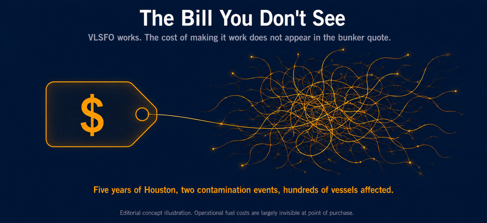 Abstract visual representing the hidden operational costs of marine bunker fuel — the bill that does not appear in the bunker price quote, surfacing later in cylinder oil bills, liner inspections, and fuel pump failures