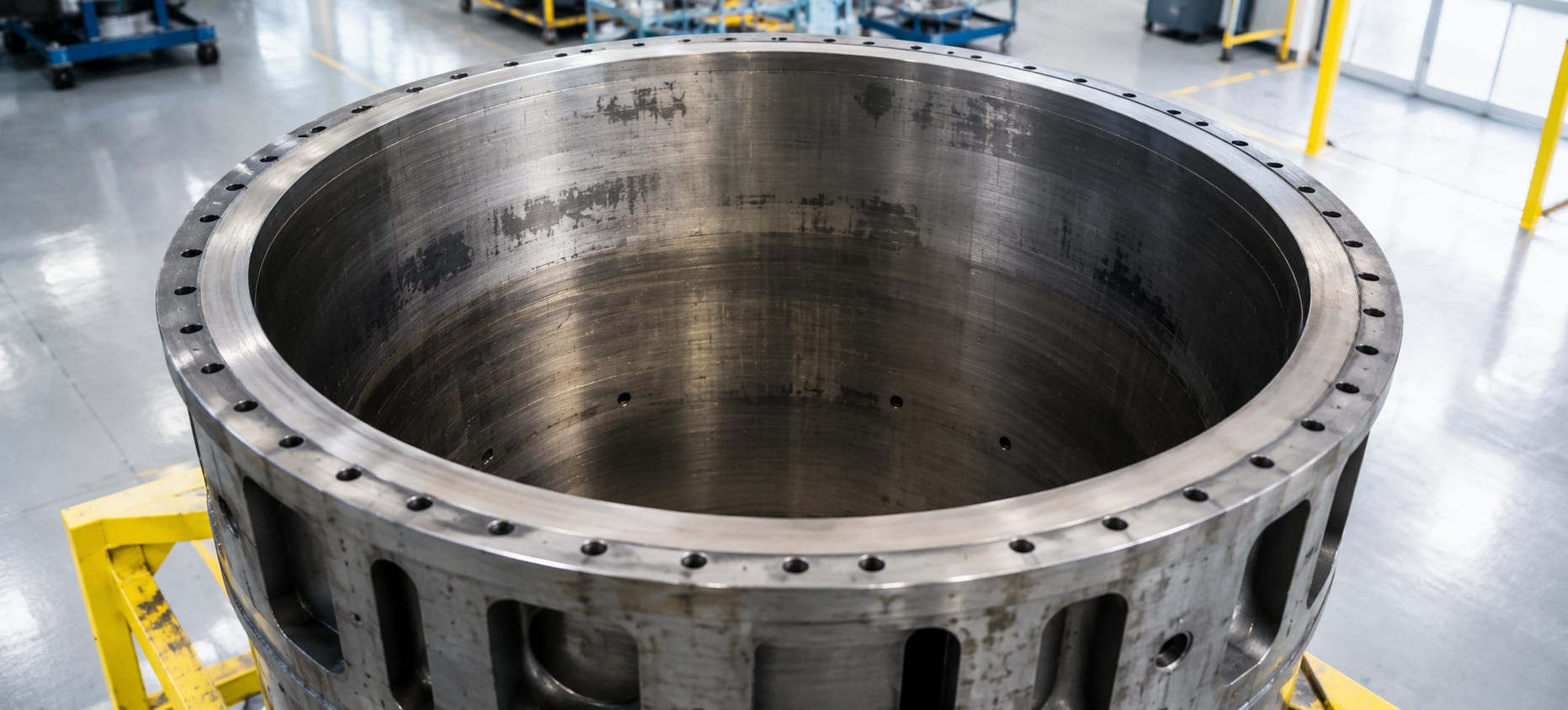 Cylinder liner showing in-service wear patterns from cold corrosion — darker patches where sulfuric acid condensed below the dew point on the liner surface