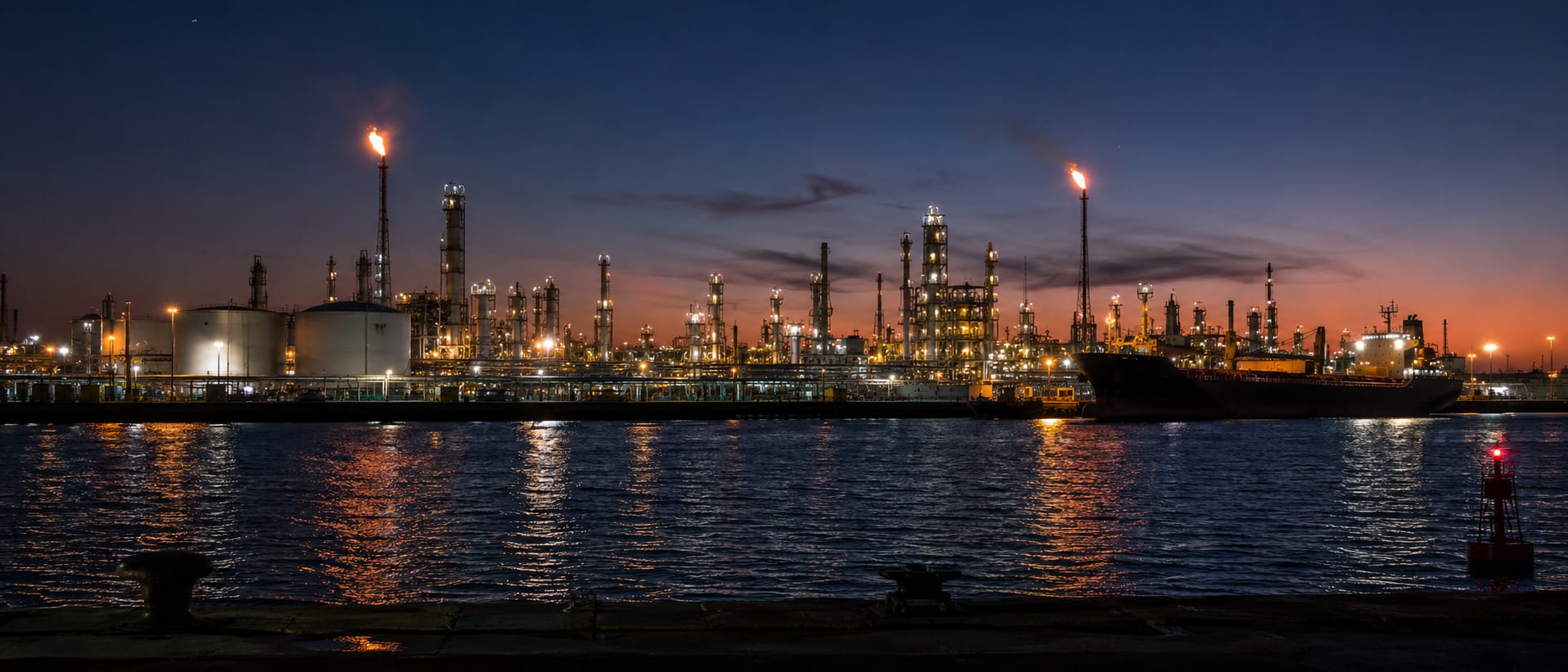 Houston petrochemical refinery complex at night along the ship channel — the largest refining and bunker hub in the Americas, source of both the 2018 phenol-styrene and 2023 DCPD contamination events