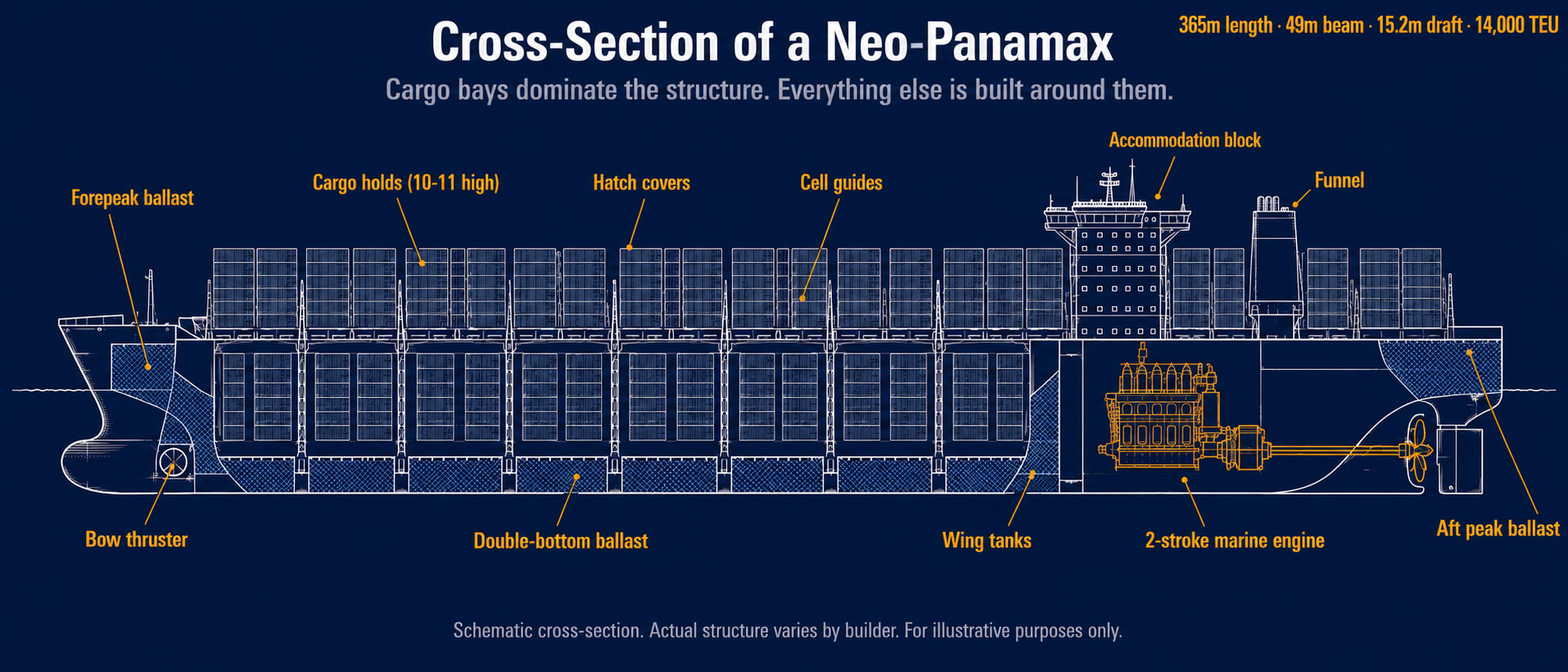 Technical blueprint cross-section of a Neo-Panamax container ship showing internal structure — bow thruster, forepeak ballast tank, cargo bays with stacked containers below and above deck, accommodation block, engine room, and rudder — with overall dimensions of 366m length, 49m beam, 15.2m draft, around 14,000 TEU capacity