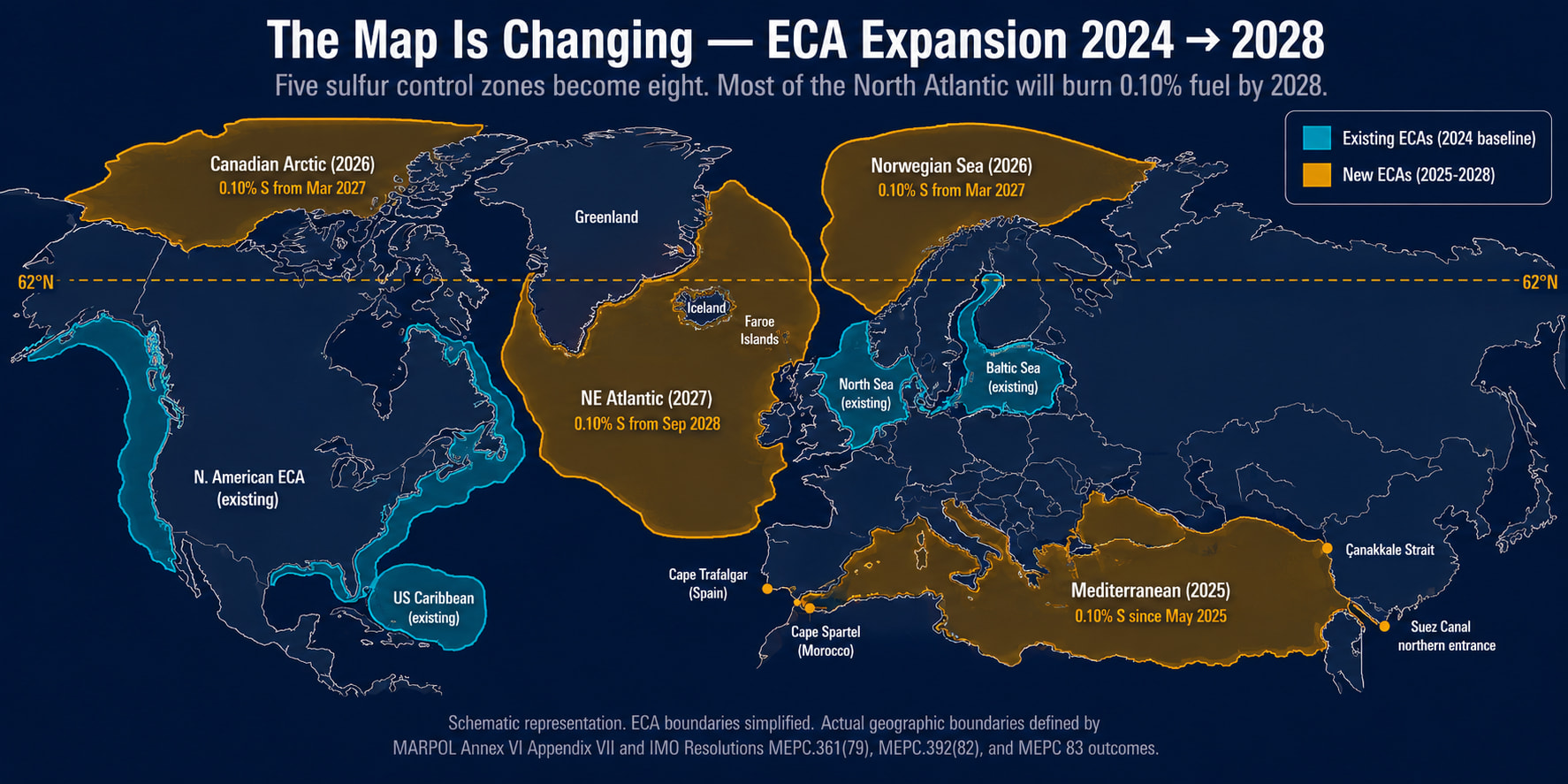 World map showing emission control areas (ECAs) under MARPOL Annex VI expanding from five in 2024 to eight by 2028, with new zones in Mediterranean Sea, Canadian Arctic, Norwegian Sea, and North-East Atlantic Ocean