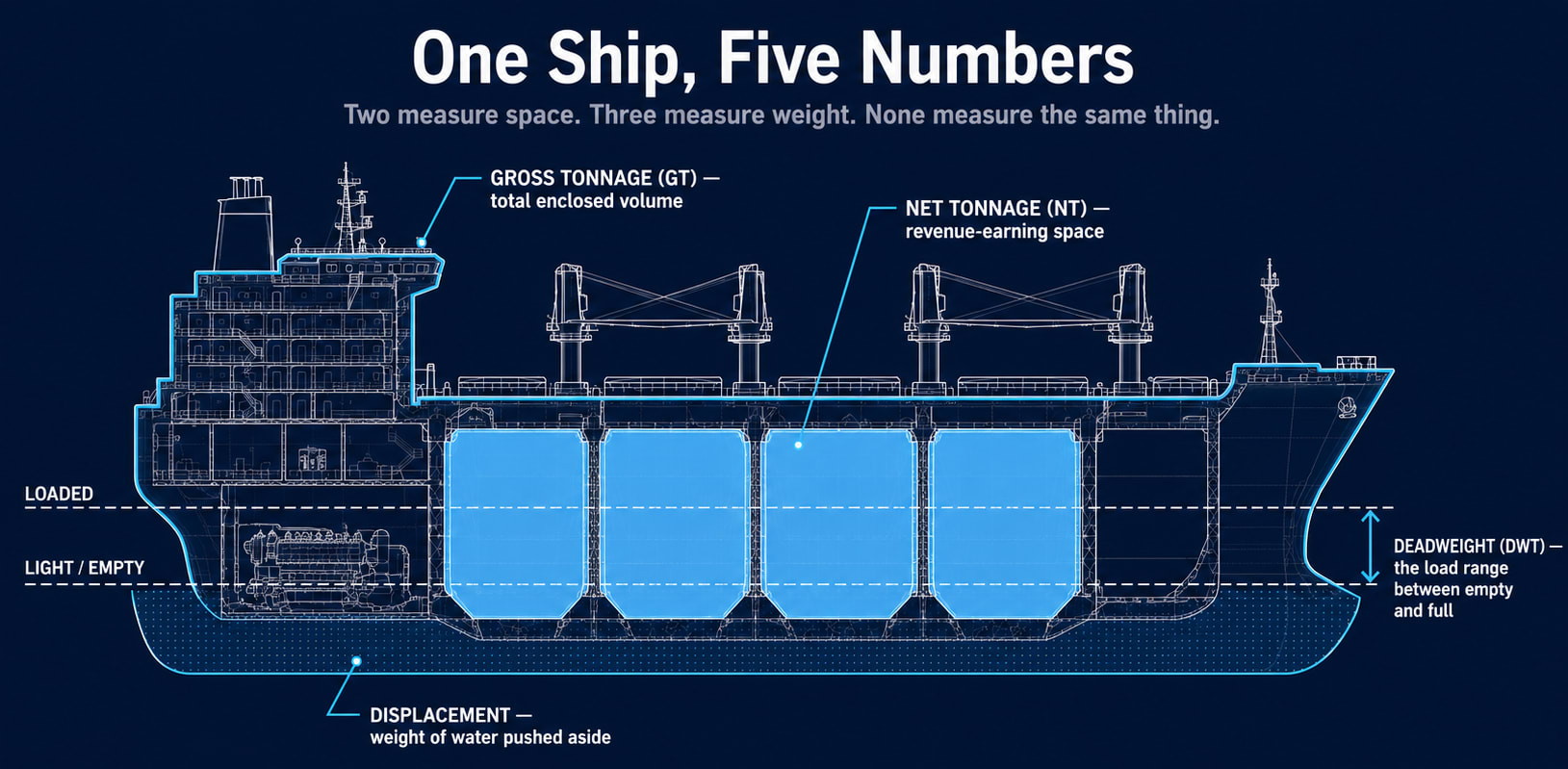 Technical cutaway diagram of a cargo ship showing the five tonnage measurements — gross tonnage, net tonnage, deadweight, and displacement — as labeled zones
