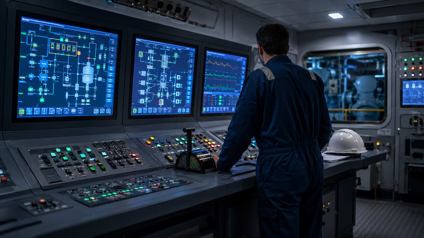 Marine engineer at the Engine Control Room SCADA consoles, reviewing propulsion monitoring screens