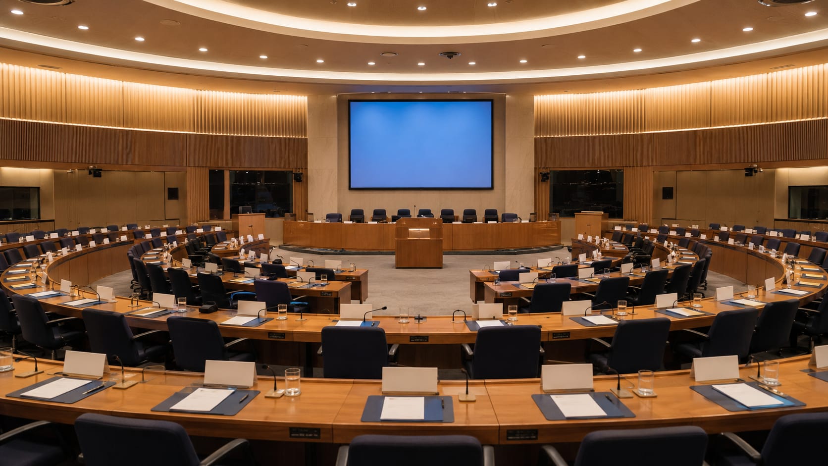An empty international conference chamber — the kind of room where IMO Committee deliberations take place over multi-year cycles