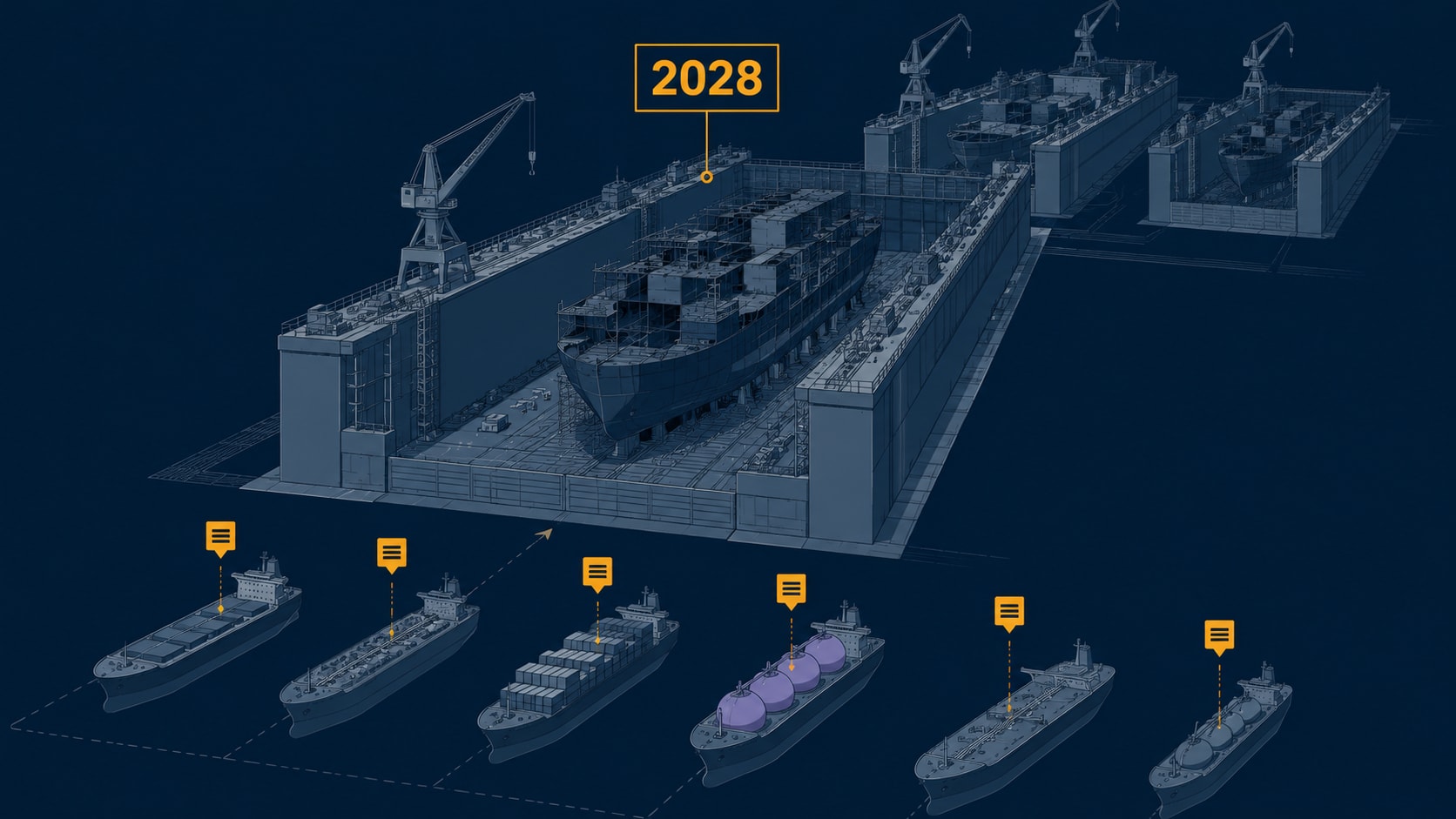 An editorial illustration of multiple dry docks in a row, each containing a partially built hull, with queued vessel silhouettes waiting in front — the visual metaphor for yard capacity as a binding constraint