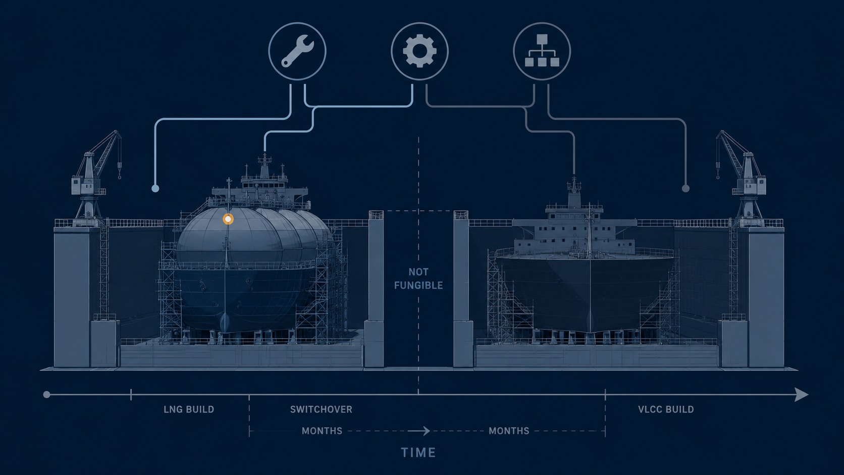 An editorial illustration of a dry dock split into two halves — one containing an LNG carrier hull, the other a VLCC hull — showing the incompatibility of building both simultaneously in the same facility