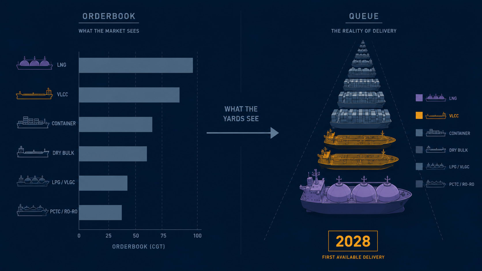 An editorial illustration of a split frame: a bar chart on the left labeled 'orderbook' and a line of ship silhouettes on the right labeled 'queue' — the visual argument that the freight market reads a forecast while the yards see a production calendar