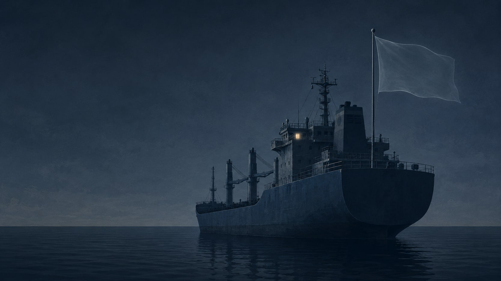 An editorial illustration of a cargo ship at anchor with a translucent ghost flag at the stern — the visual metaphor for flags of convenience and seafarer abandonment