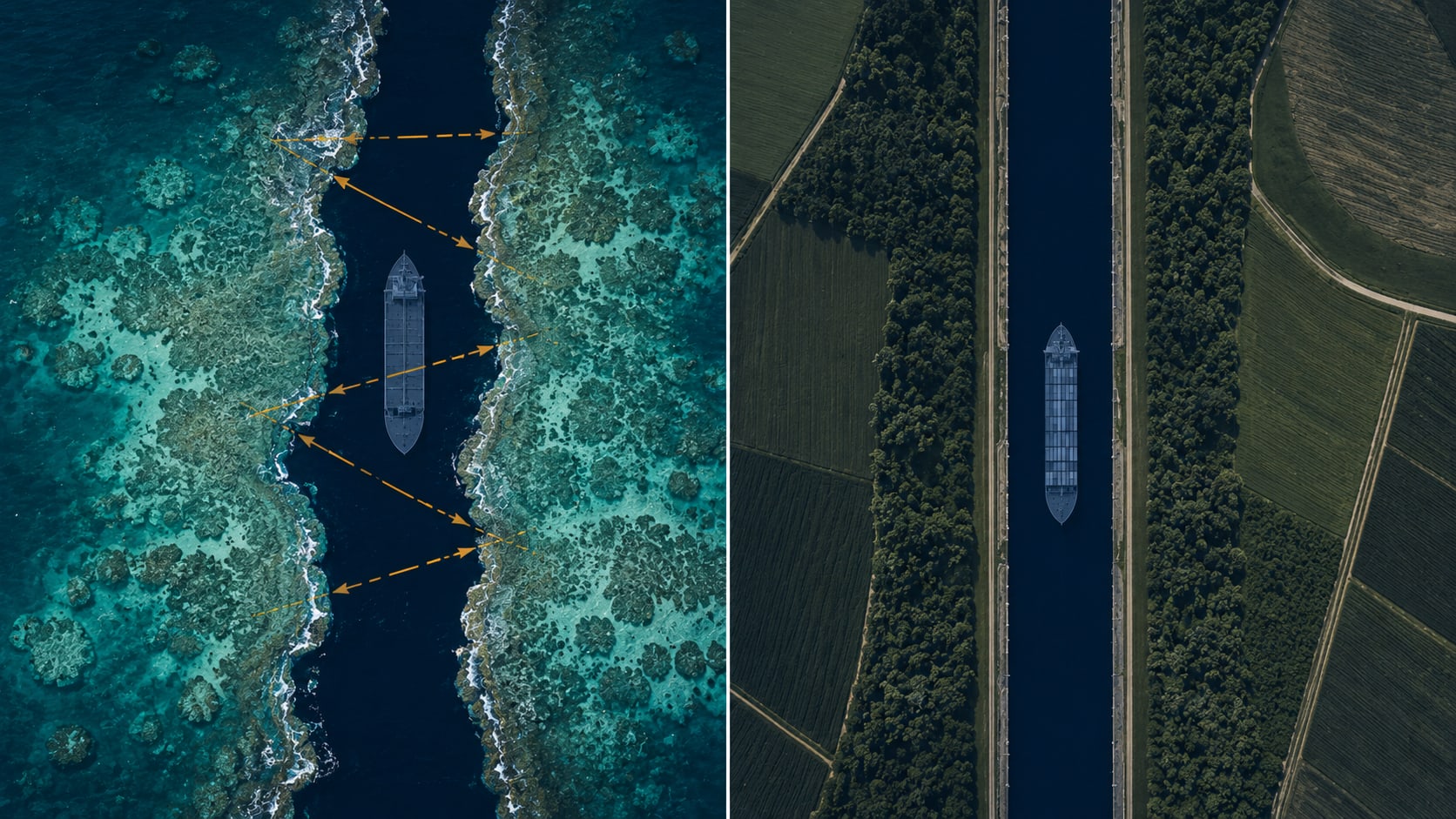 An editorial illustration of two narrow passages side by side — Torres Strait with coral reef on both sides and diagonal tidal arrows, and Kiel Canal as a clean geometric cut through land