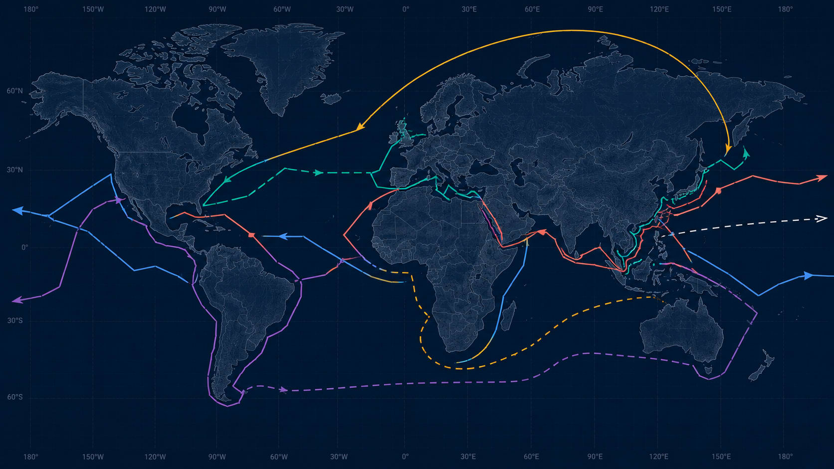 An editorial illustration of a dark world map with ten colourful route lines zigzagging across oceans — some curving dramatically, some looping around continents — representing shipping routes that look irrational until you understand the math