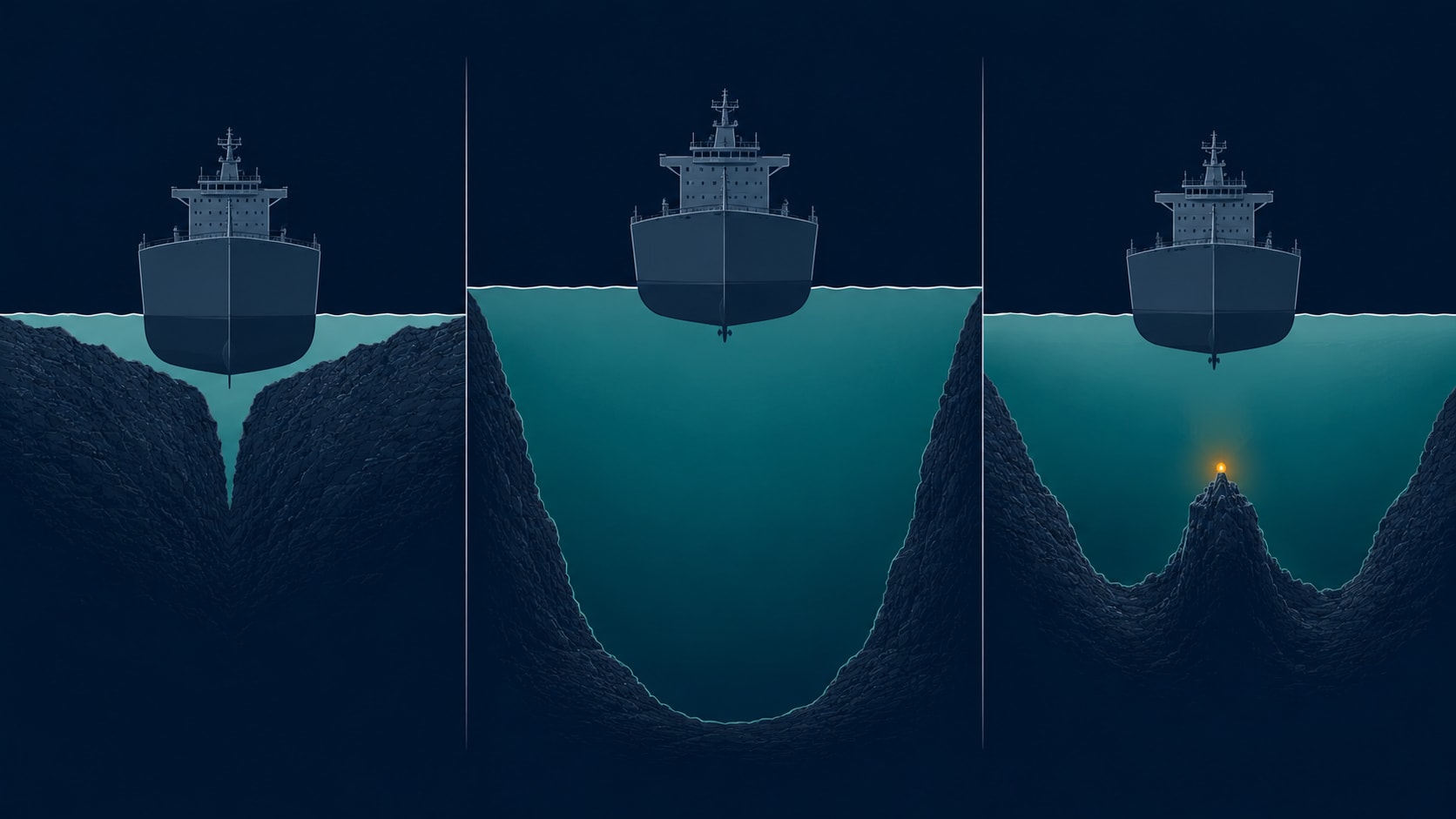 An editorial illustration showing three strait cross-sections side by side — Malacca (shallow, ship barely fits), Lombok (deep, huge clearance), and Sunda (medium depth with a volcanic protrusion)