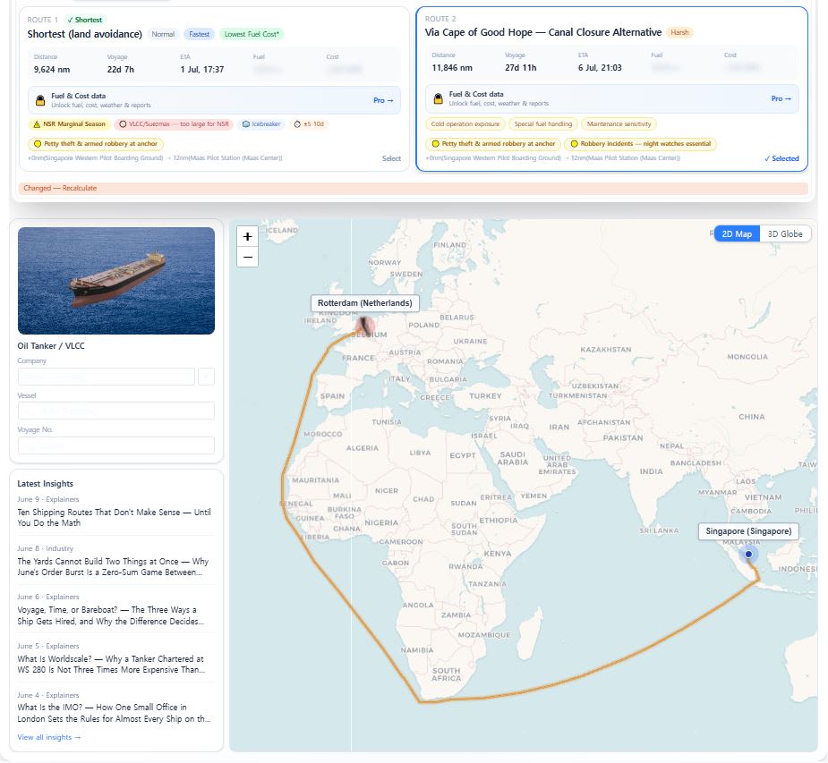 Fairway ETA Calculator comparing Singapore to Rotterdam: Route 1 Shortest at 9,624nm and 22 days versus Route 2 via Cape of Good Hope at 11,846nm and 27 days