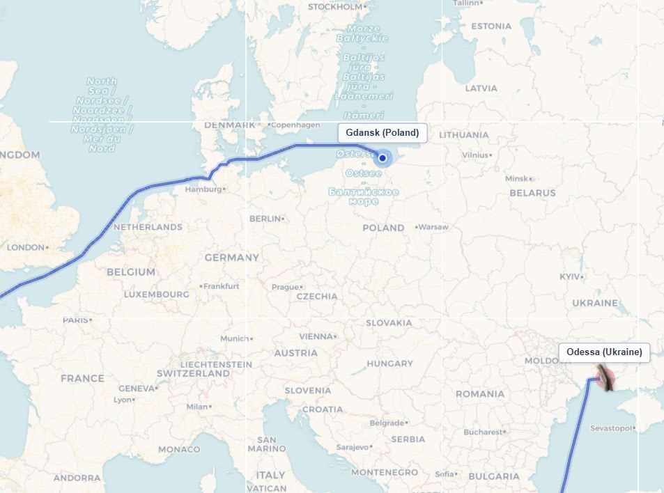 Fairway ETA Calculator showing Gdansk to Odessa route via Kiel Canal — the direct shortcut through northern Germany