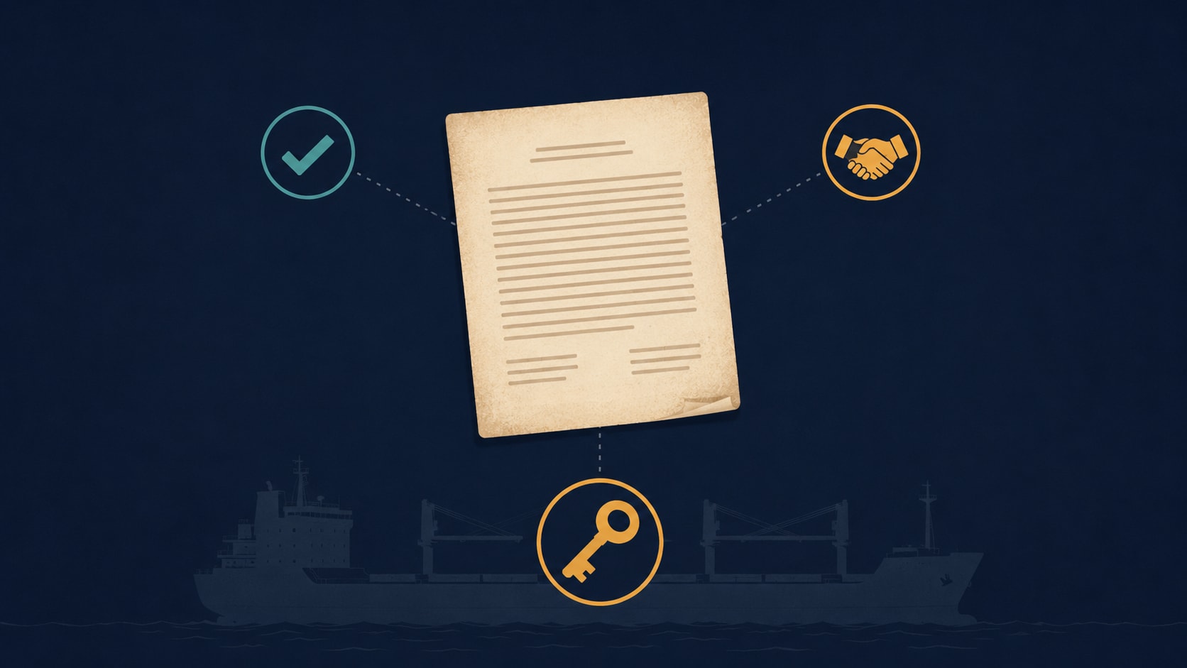 An editorial illustration of a single document with three overlapping function icons — a receipt checkmark, a contract handshake, and a key — representing the three simultaneous functions of a bill of lading