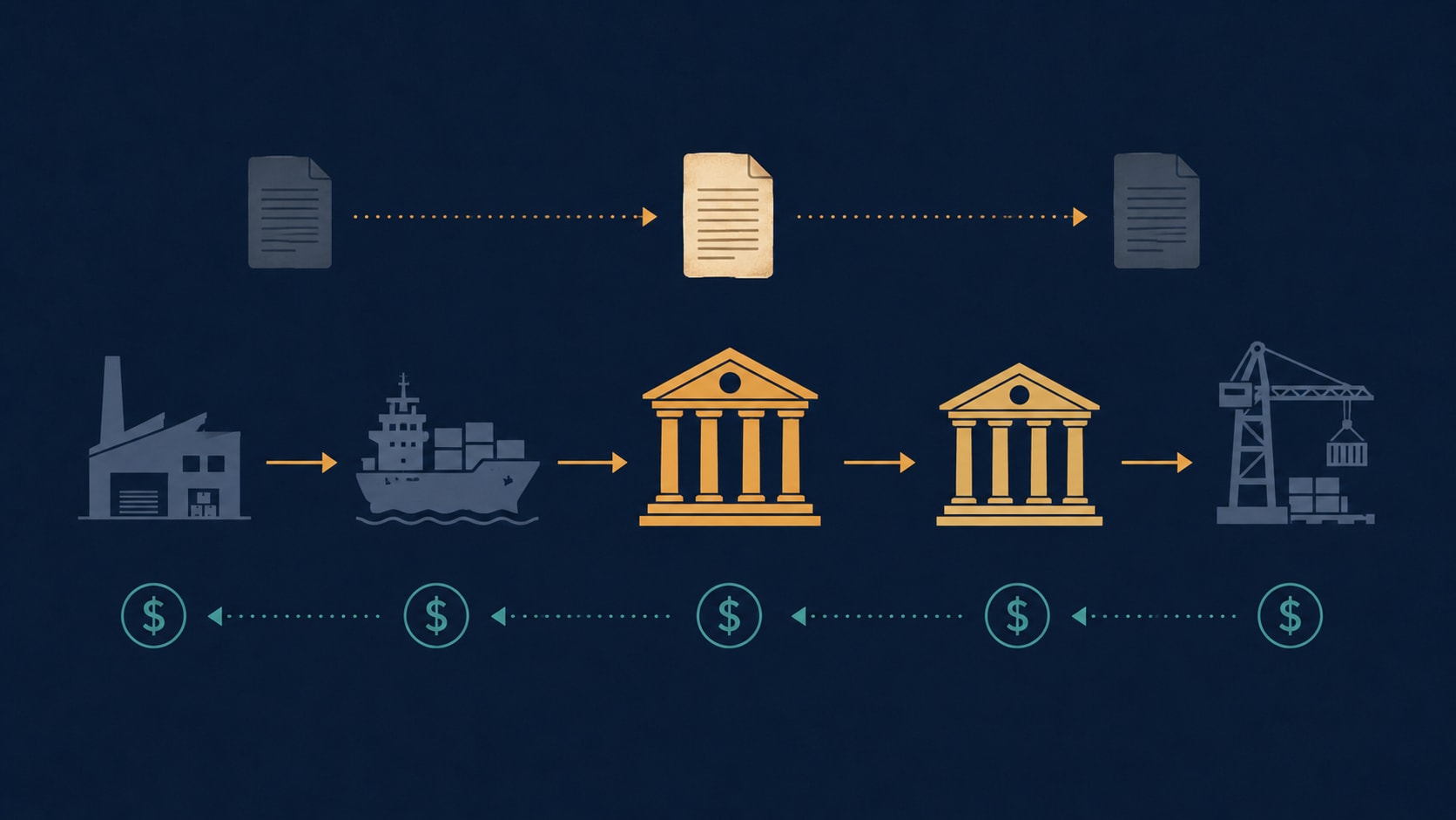 An editorial illustration showing the document chain of a bill of lading — from seller through carrier and bank to buyer — with the B/L document travelling one direction and payment flowing the other