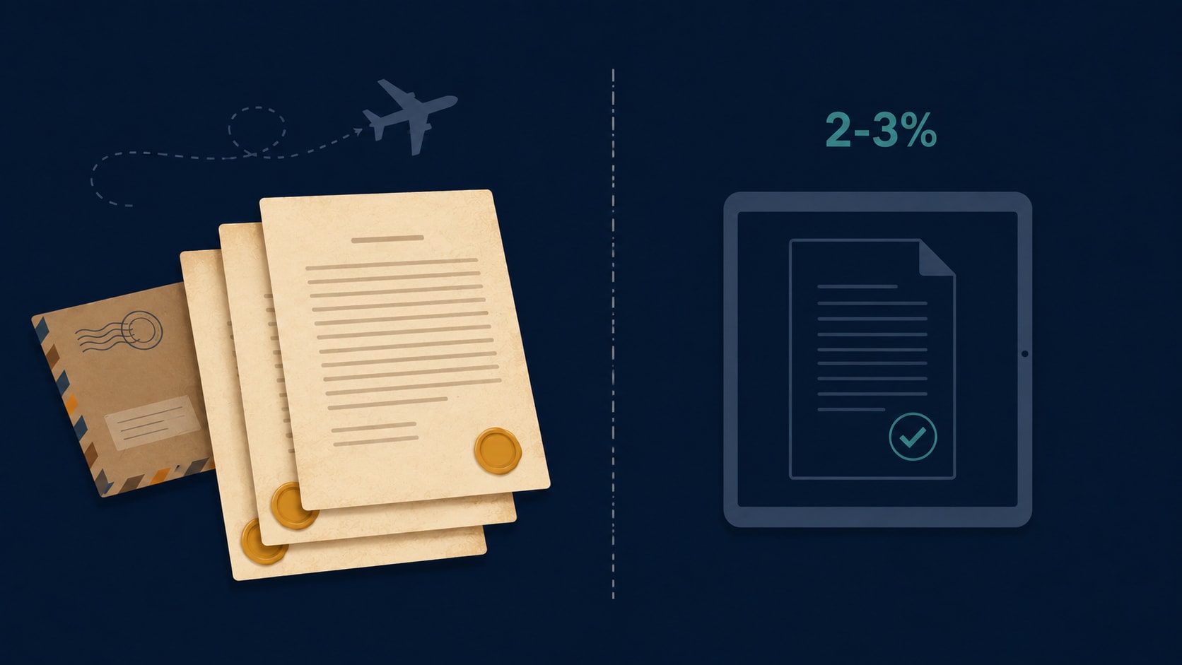 An editorial illustration showing a stack of paper documents with a courier envelope on the left and a minimalist digital screen on the right — the adoption gap between paper and electronic bills of lading