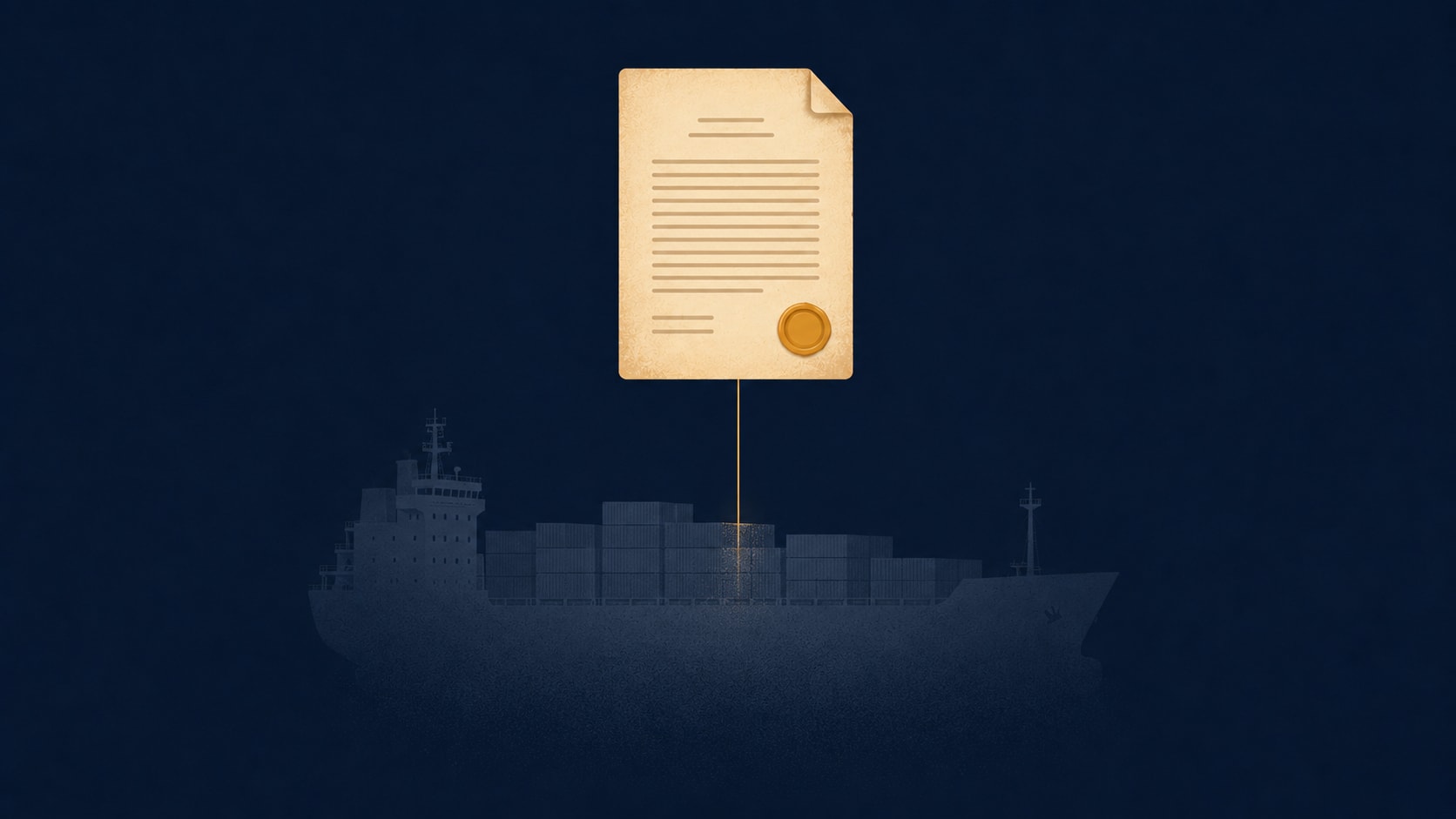 An editorial illustration of a parchment document in the upper frame connected by a thin amber line to a fading ship silhouette below — the paper is more present than the physical vessel because the paper is what makes ownership enforceable