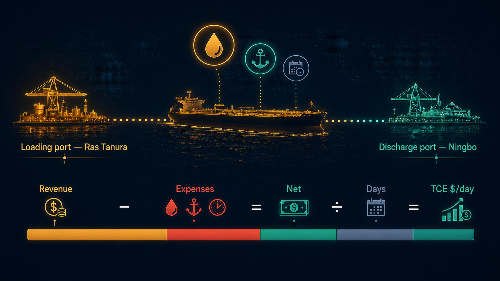 An editorial map illustration of the VLCC crude route from Ras Tanura in Saudi Arabia to Ningbo in China — the Middle East Gulf to China trade lane that underlies the TD3C benchmark