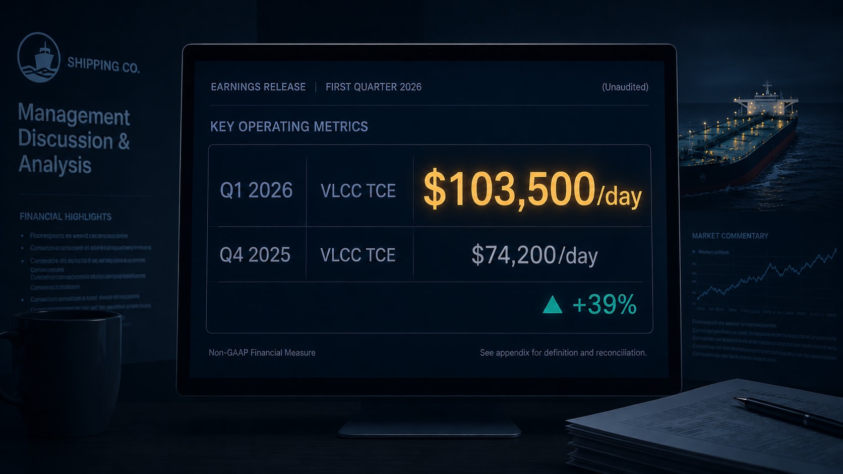An editorial illustration of an analyst screen displaying VLCC TCE data with $103,500/day for Q1 2026 — the Frontline fleet average that defined the early 2026 tanker market