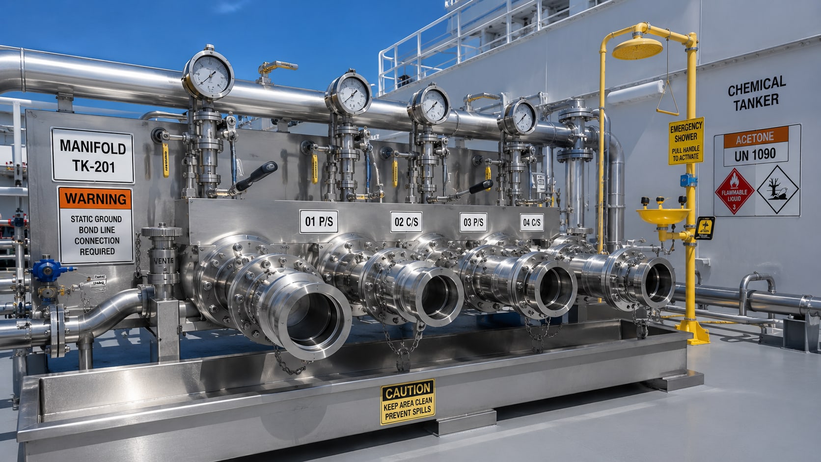 Chemical tanker manifold — stainless steel pipework, pressure gauges, and safety shower on deck