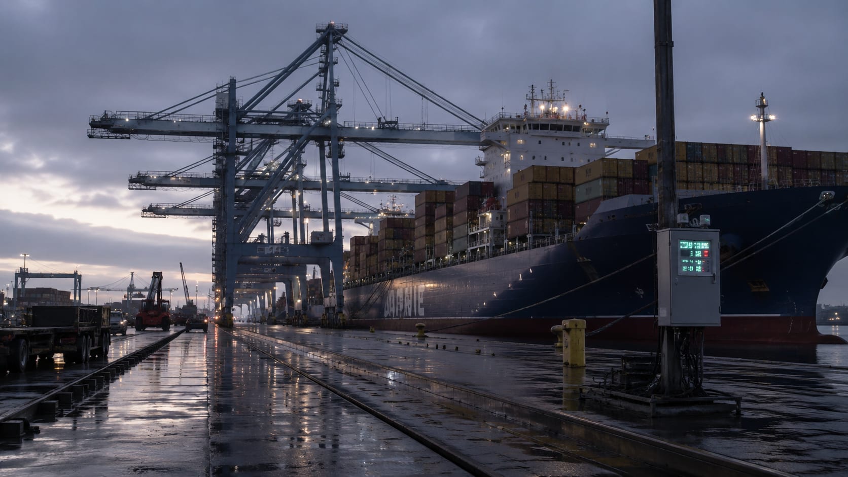 Wide-angle photograph of a large cargo ship berthed at a UK port at dawn under overcast grey skies, with port cranes towering above and a quiet routine atmosphere