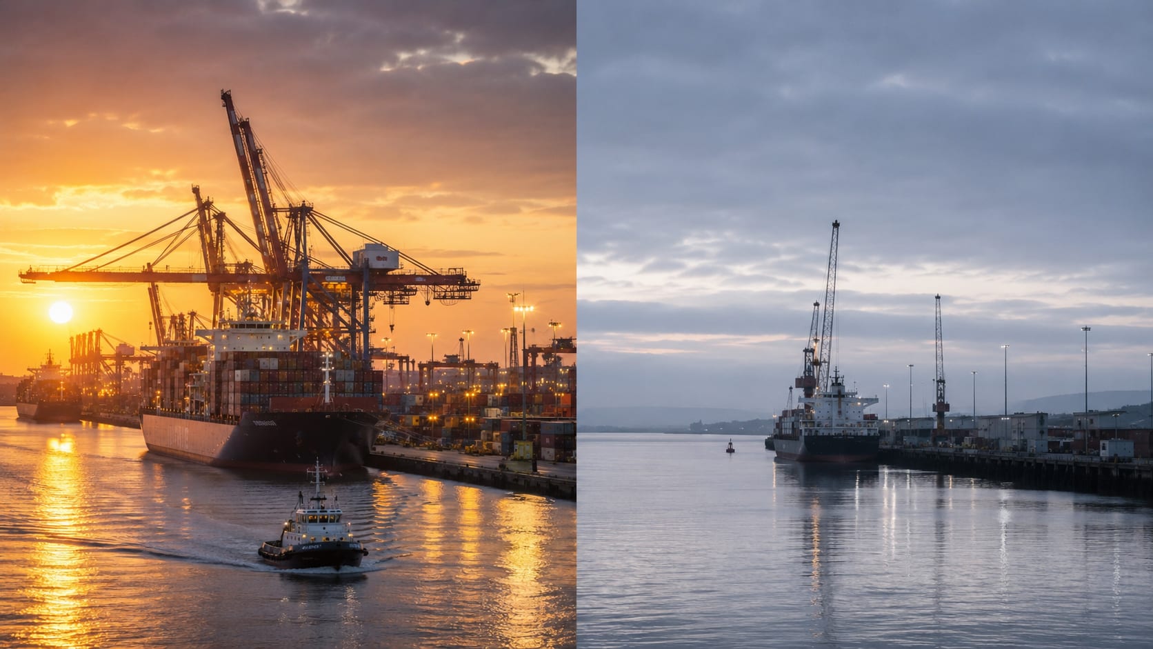 Split-screen conceptual photograph with a bustling European container port at golden hour on the left representing EU ETS broad coverage, and a quieter British port at grey dawn on the right representing the narrower UK ETS scope