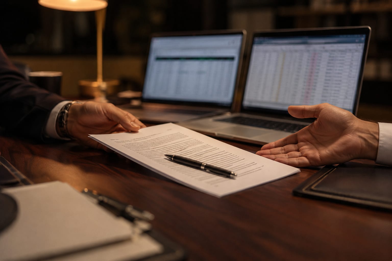 Close-up photograph of two hands across a dark wooden desk, one sliding a document toward the other with a pen resting on it, laptop screens with spreadsheet data visible in the background