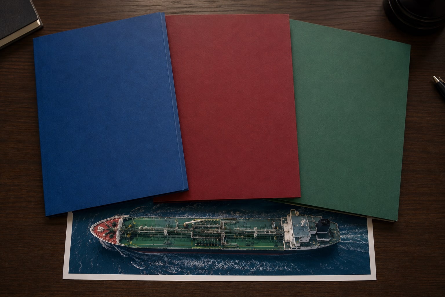 Overhead photograph of three different coloured folders arranged side by side on a dark wooden desk, representing EU ETS, UK ETS, and FuelEU Maritime regulations overlapping on a single ship
