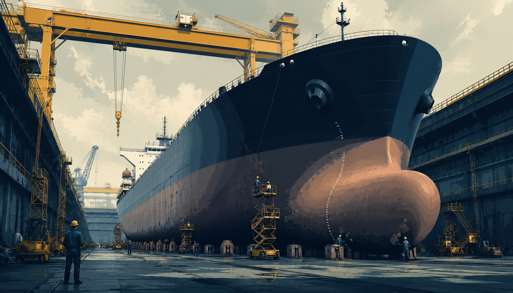 Large commercial ship inside a graving dry-dock under maintenance
