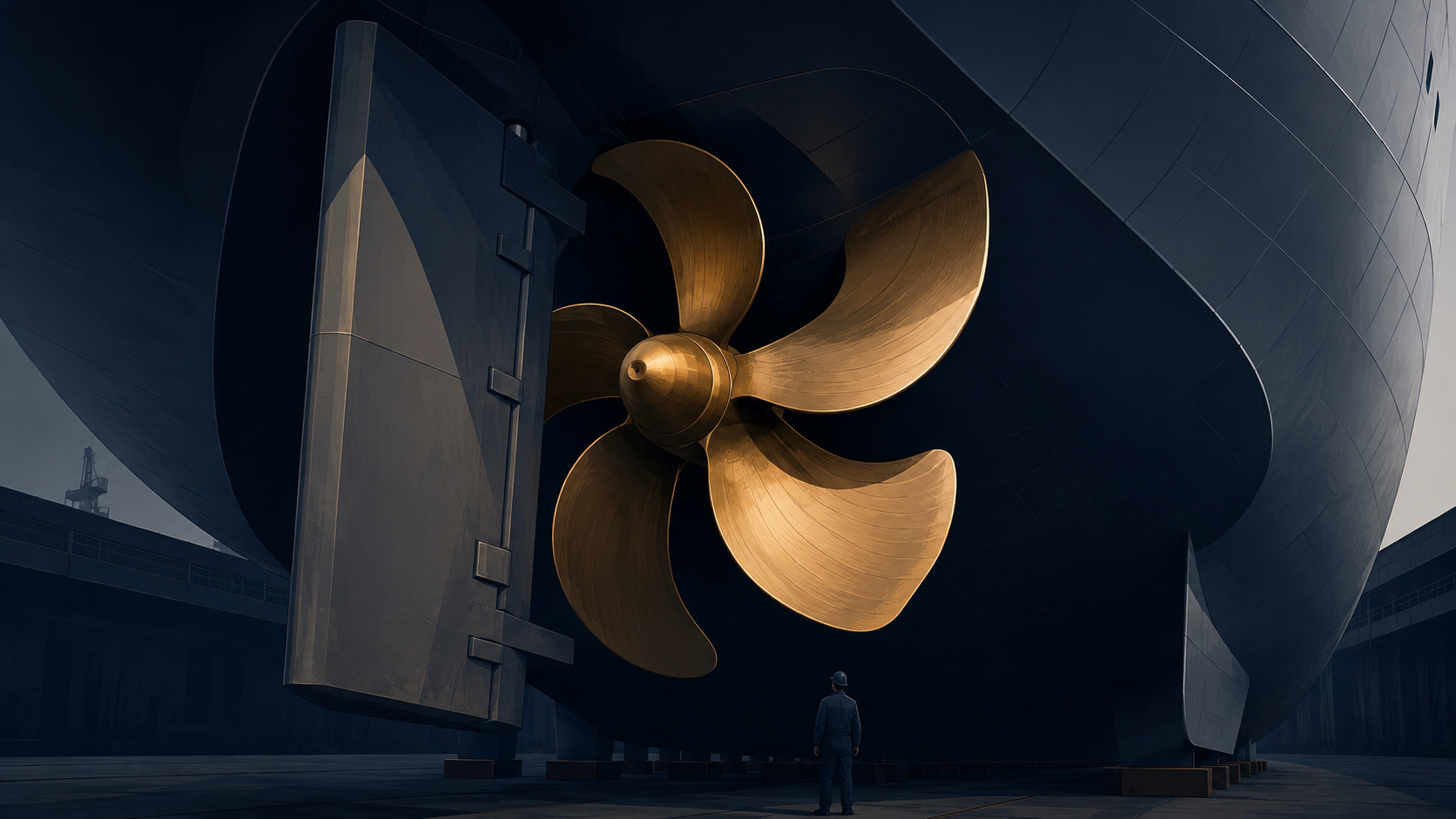 Close-up of a large ship propeller exposed during dry-dock maintenance