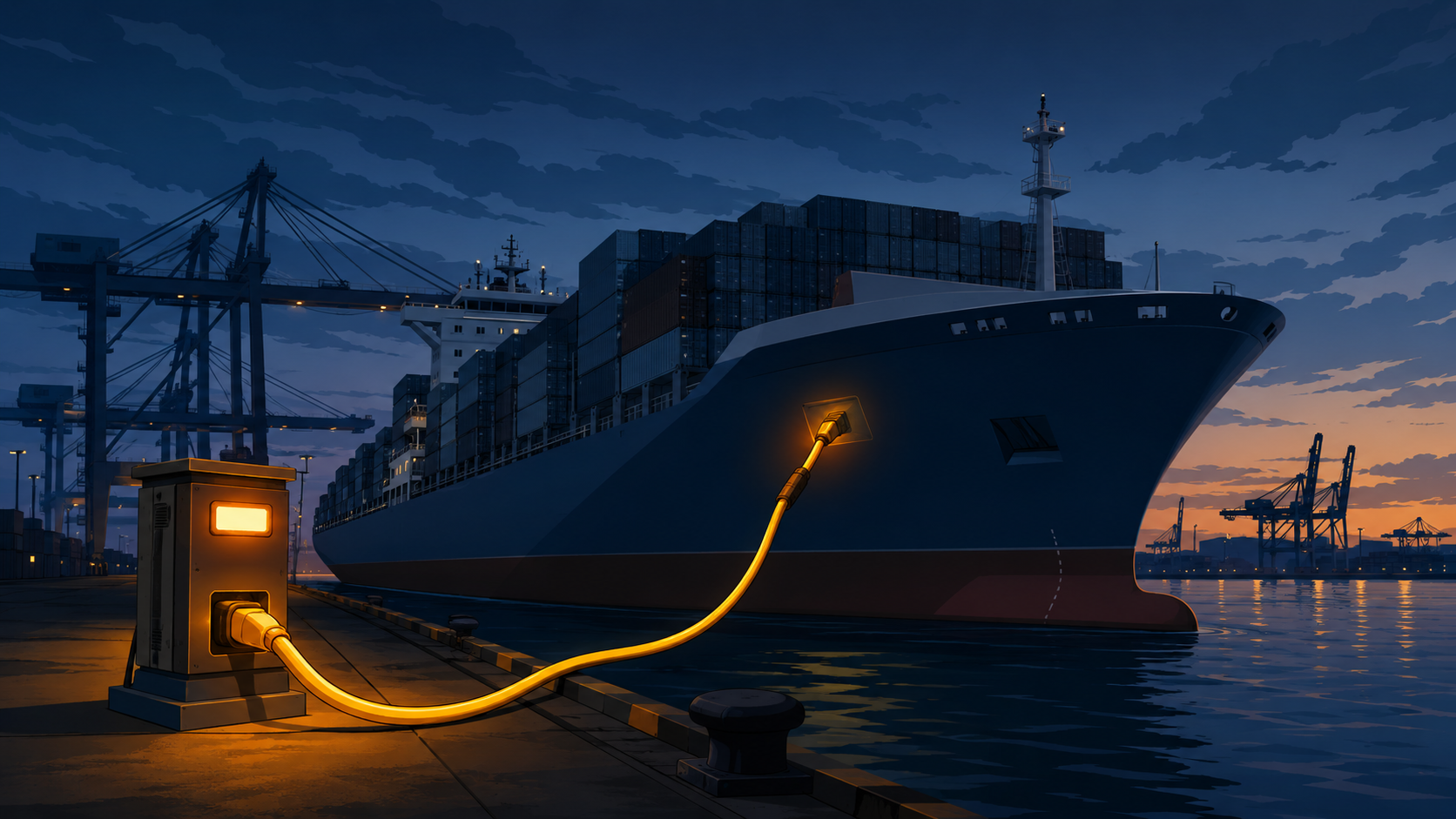 Ship connected to onshore shore-power infrastructure while berthed