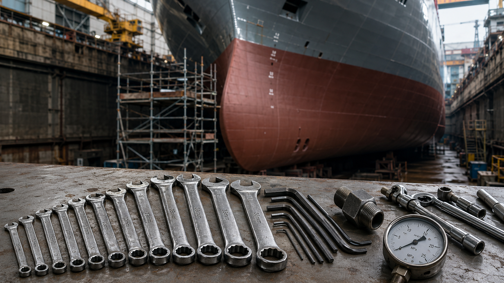 Engine-room hand tools laid out in front of a ship's hull under construction — the two scales of shipbuilding, from massive standardized hull steel to small nationally-specified tools