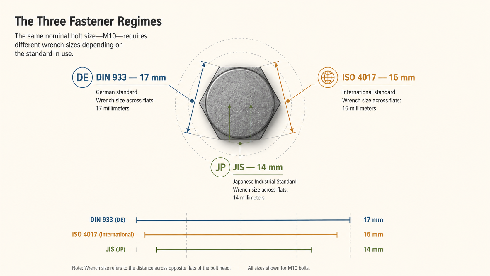 Infographic illustrating the three national fastener regime systems — DIN, ISO, and JIS — in use across global shipbuilding