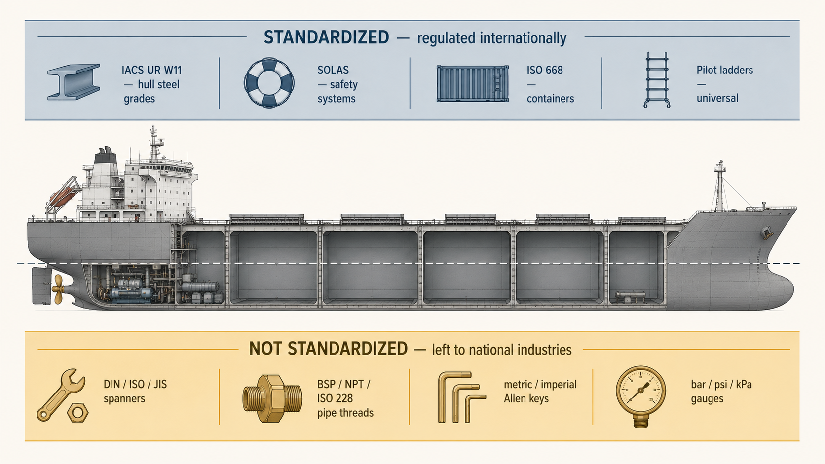 Diagram comparing the regulated and unregulated layers of a commercial ship — standardized hull and safety systems above, fragmented engine-room fittings below