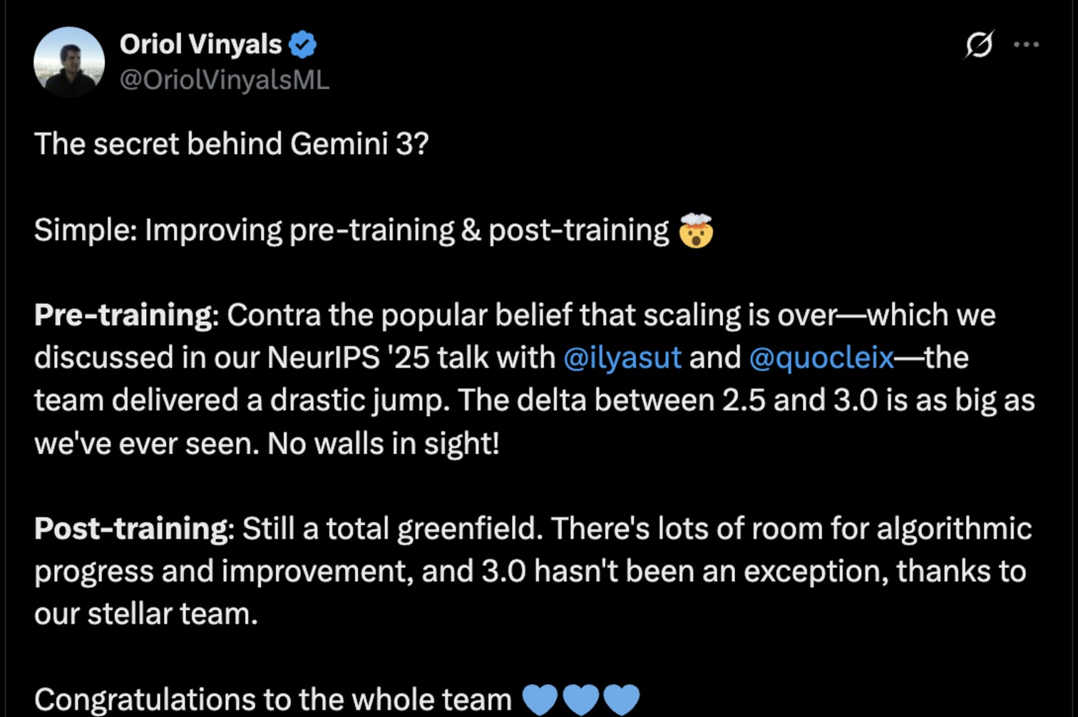 Oriol Vinyals 发推文谈 Gemini 3 的缩放