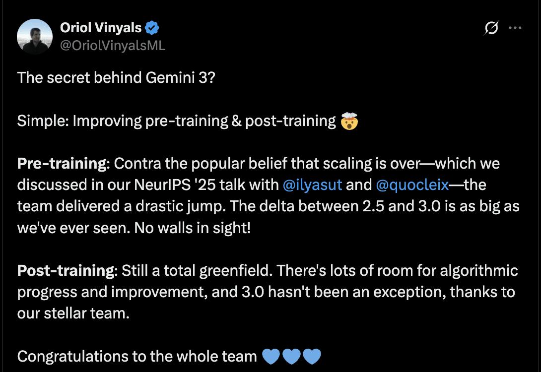 Oriol Vinyals tweet about Gemini 3 scaling