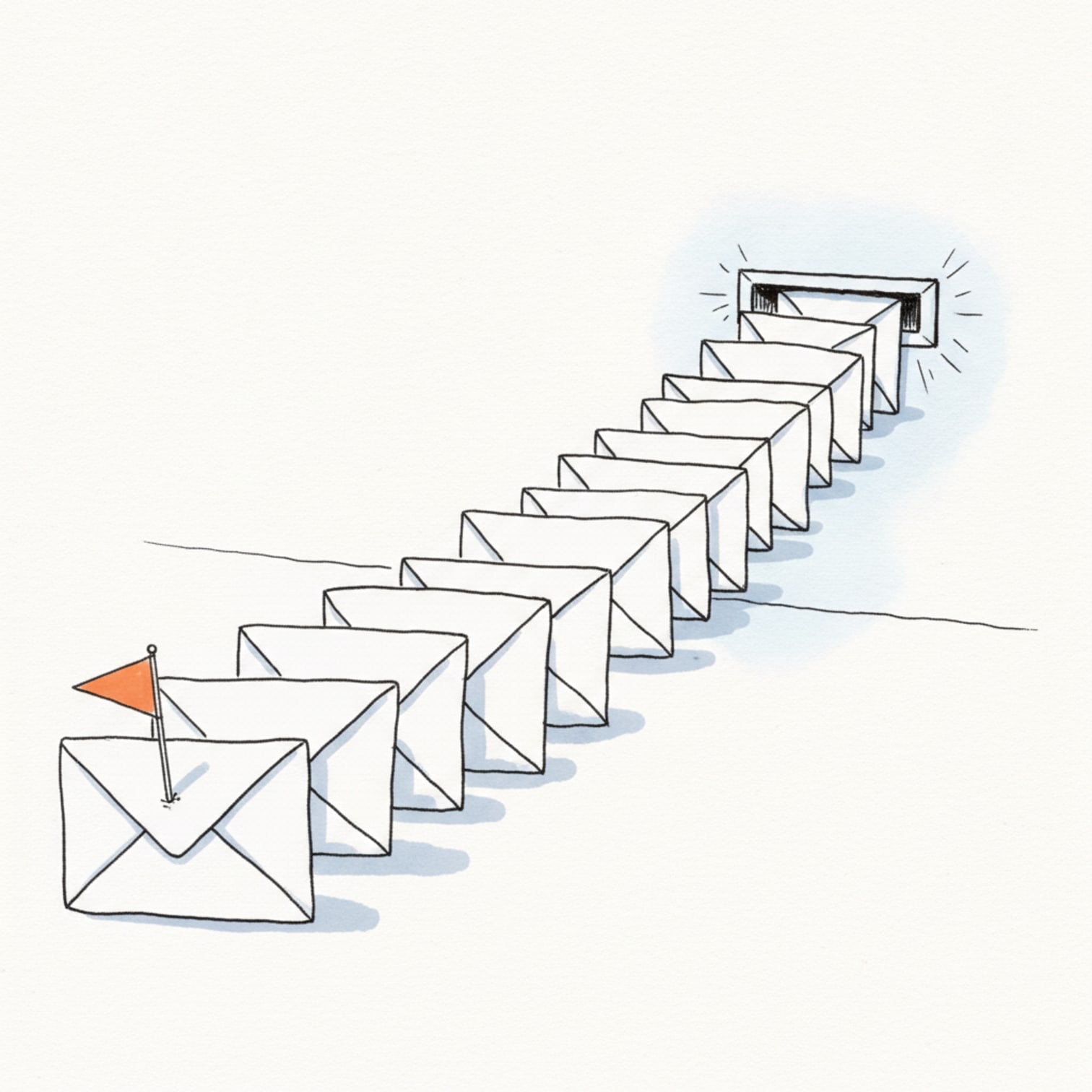 Editorial line illustration of a queue of envelopes waiting at a mail slot, with a single orange flag on the front envelope