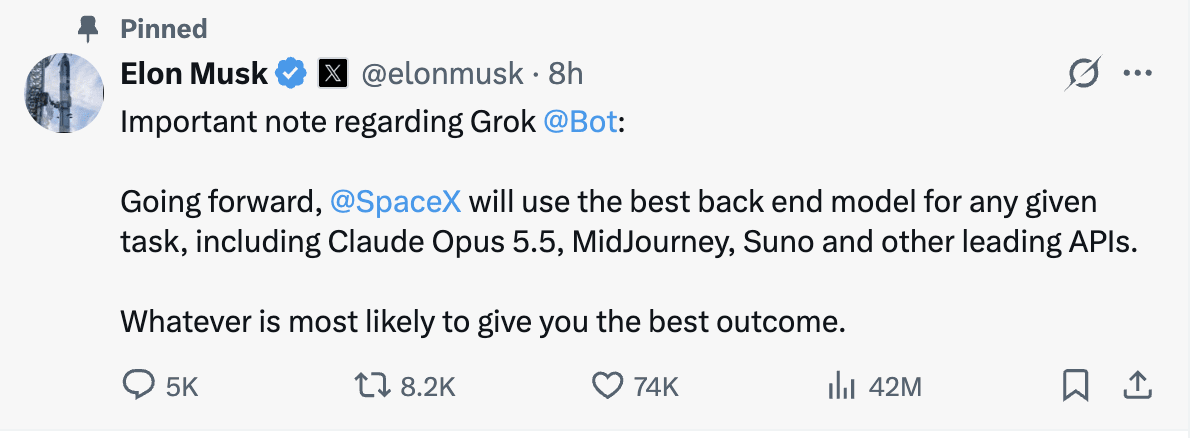 Elon Musk tweet on Grok routing to best backend model