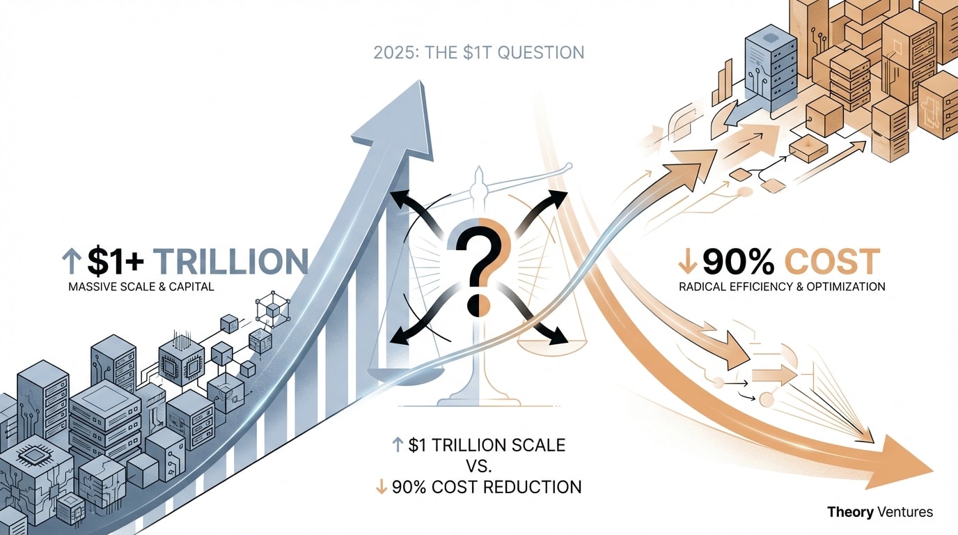 Abstract visualization showing the 2025 paradox: massive AI infrastructure investment vs dramatic cost reduction