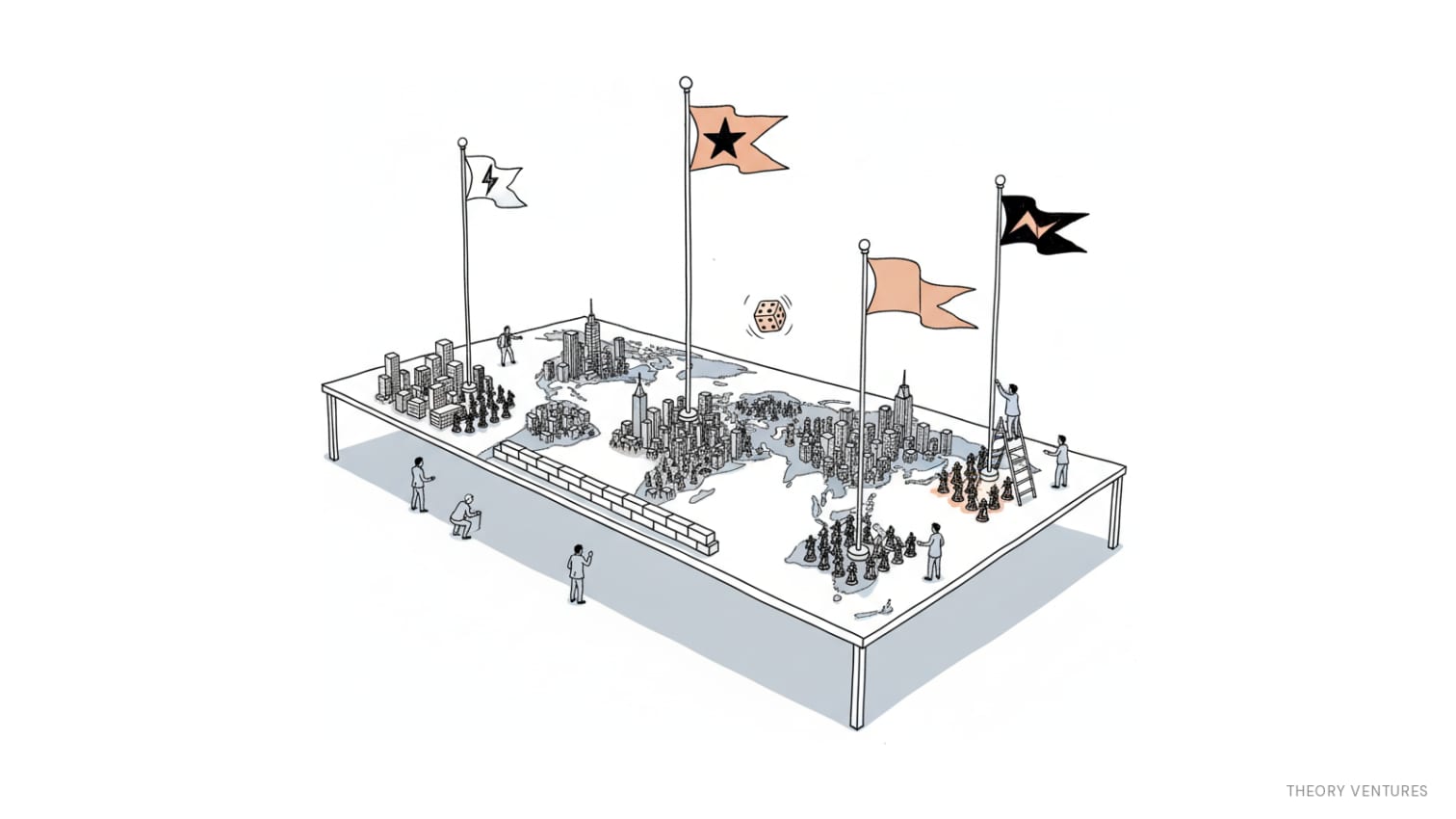 A giant game of Risk on a conference table, territories shaped as city districts, three tall faction flags, & one territory sealed by a wall of blocks