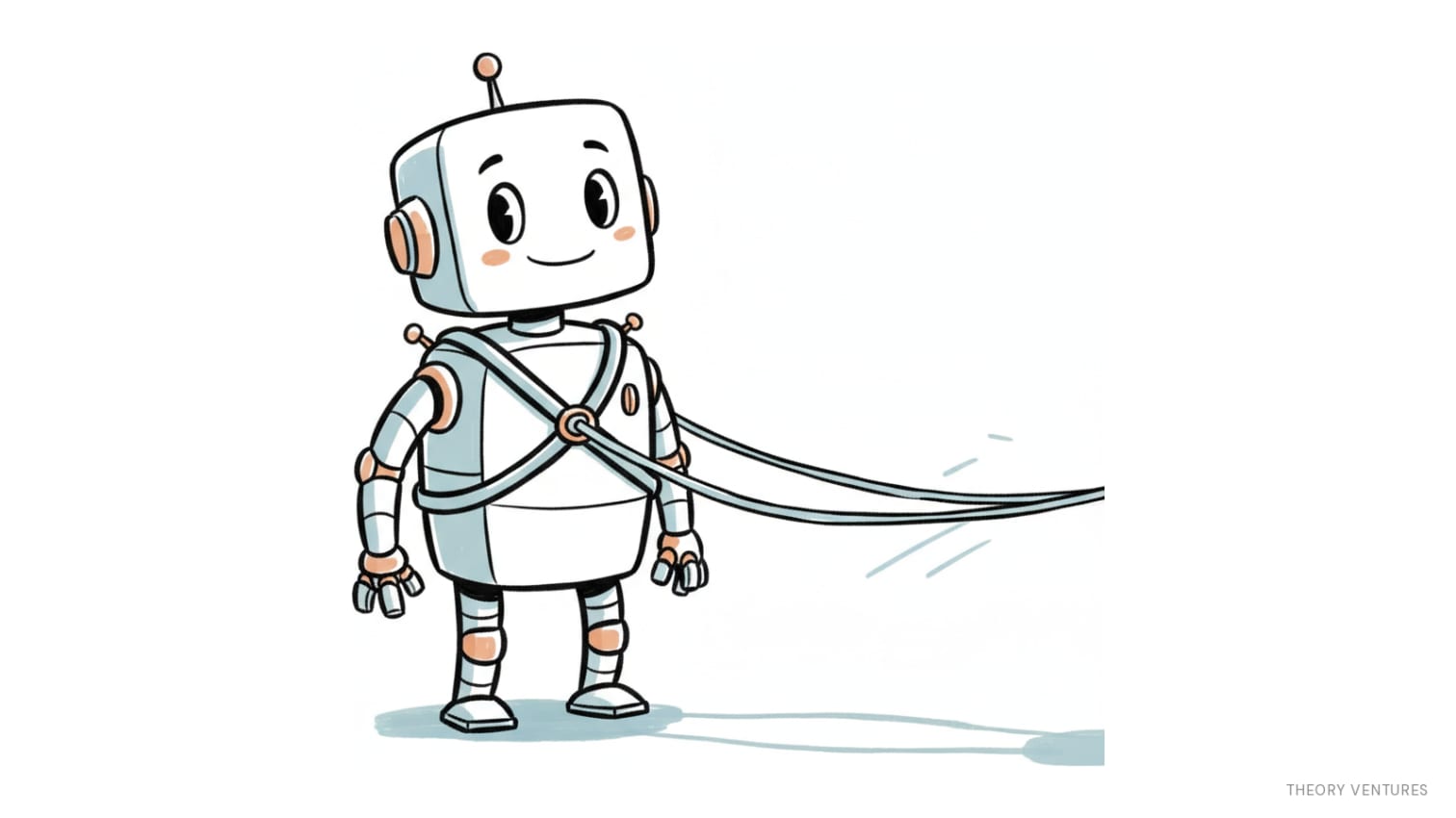 A friendly cartoon robot wearing a leather horse harness, reins trailing off to the side