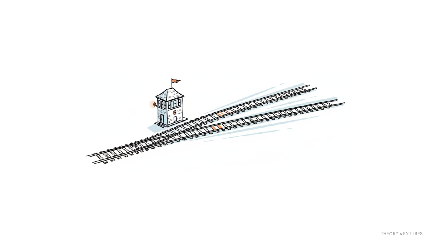 Editorial line illustration of a railway switchyard splitting one incoming track into three diverging tracks past a switch tower
